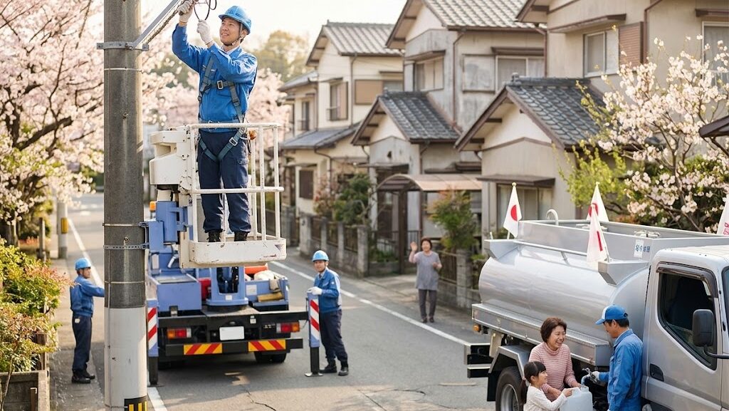 熊本地震後のライフライン復旧作業を行う作業員と給水車が並ぶ住宅街の風景