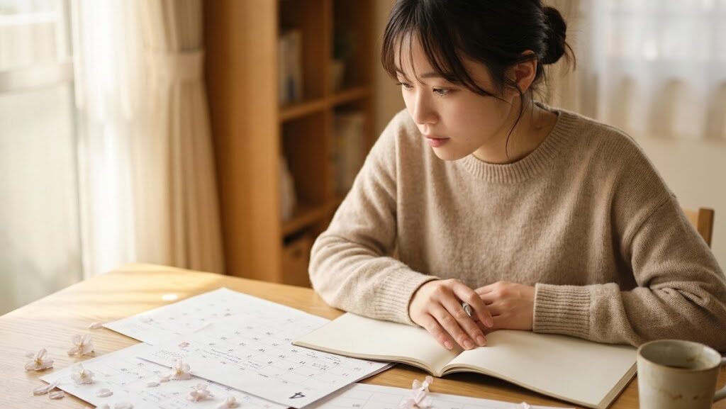 4月に地震が多い理由を科学的に検証する女性が カレンダーを眺めるシーン