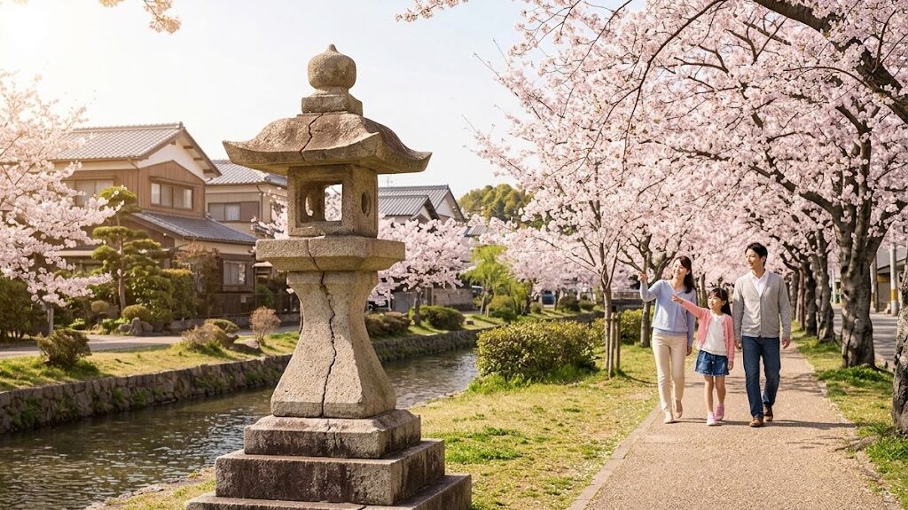 日本の4月に発生した過去の地震を桜咲く春の町並みで表現したイメージ