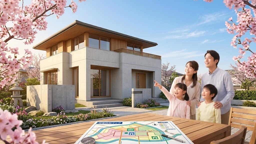 4月の桜の枝越しに見る、庭のテーブルに抽象的な防災マップを広げて笑顔で空を指差す日本人家族と、頑丈な現代住宅。希望と備えを象徴する実写風の構図。