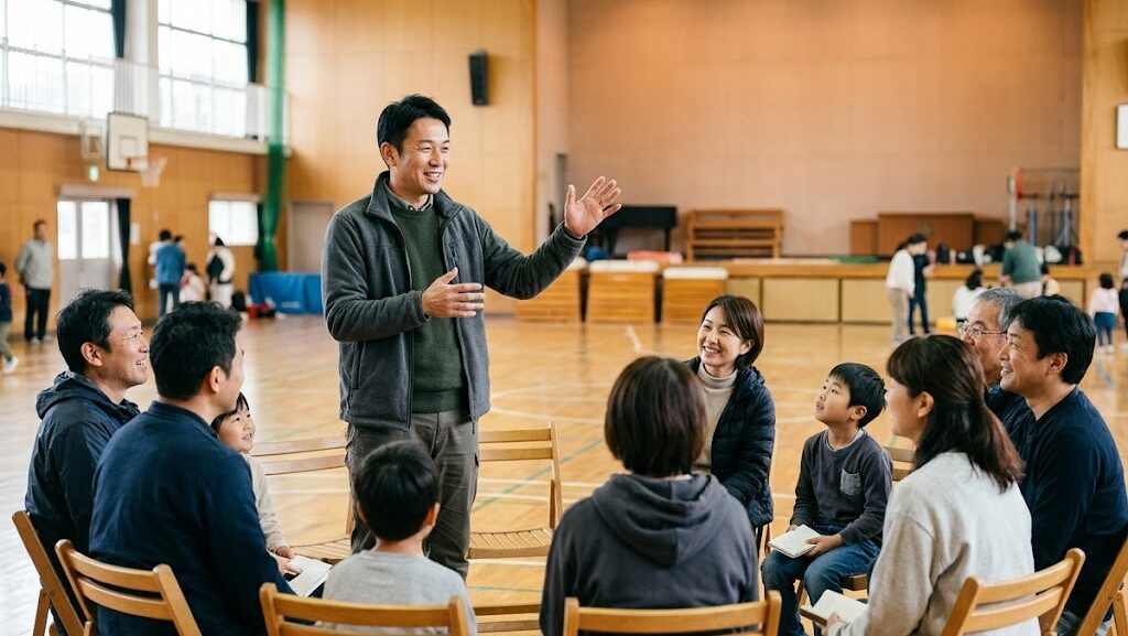 防災士が地域の住民や子どもたちに防災の大切さをやさしく説明している様子