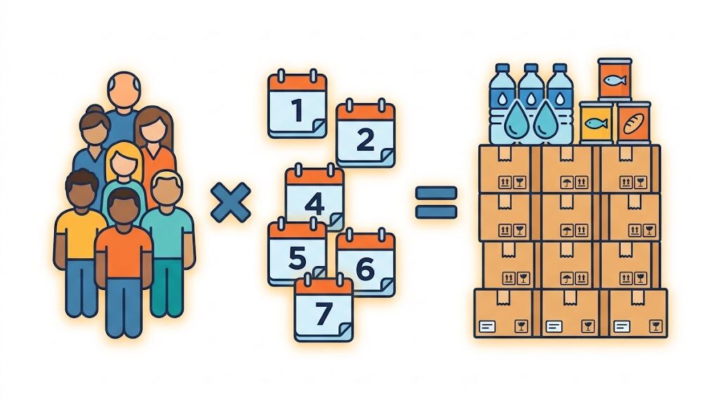 人数×日数で備蓄量を計算する考え方を表したイラスト
