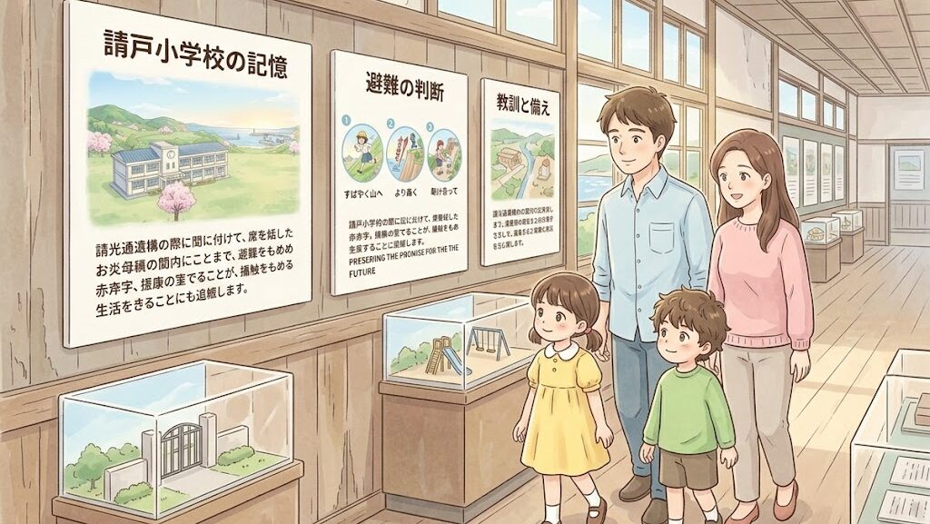 震災遺構を家族で見学する様子を描いたイラスト