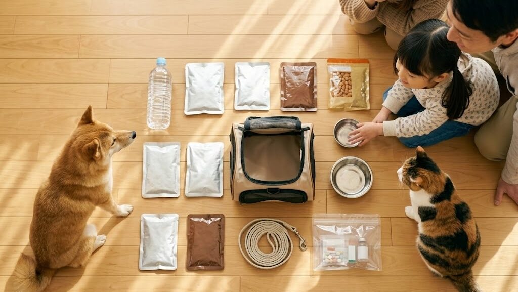 ペット用防災グッズ一式（フード・水・キャリーバッグ・薬など）と犬猫が並ぶ備蓄セットの俯瞰写真