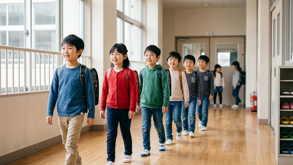 小学生たちが学校の廊下を落ち着いて整列しながら避難している様子