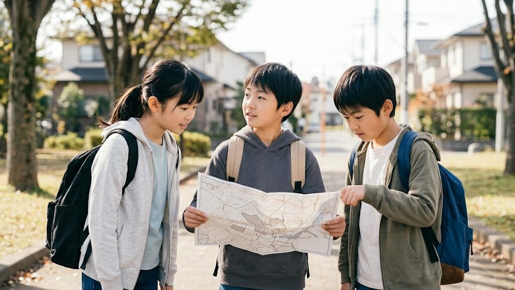 中学生たちが地図を見ながら地域の避難ルートについて自分たちで話し合っている様子