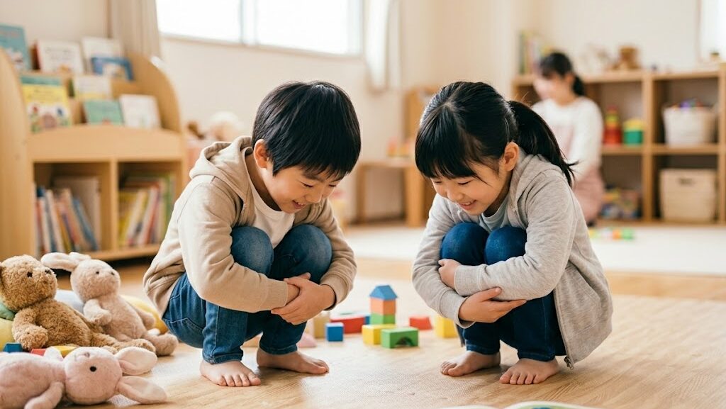 幼い子どもたちが遊び感覚で頭を抱えてしゃがみ込む地震時の安全ポーズを練習している様子