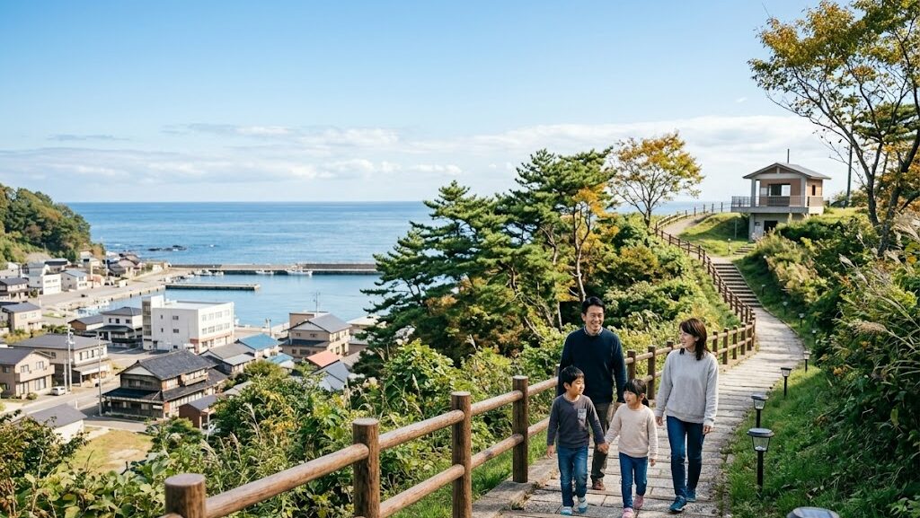 海沿いの町で家族が高台へ続く避難路を歩いて登っている様子