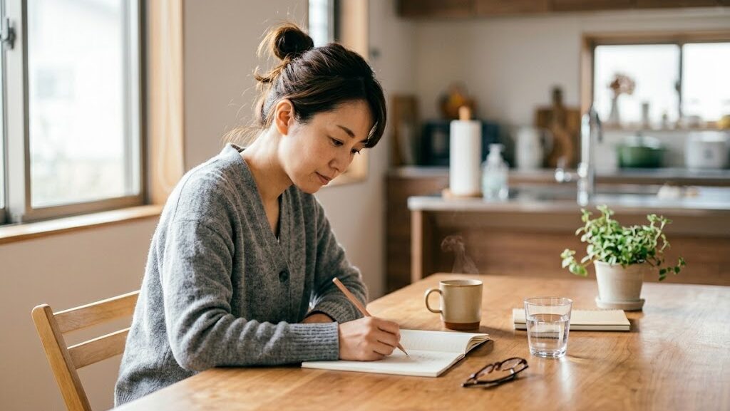 日本人の大人がキッチンテーブルで防災についてノートに書き込みながら考えている様子