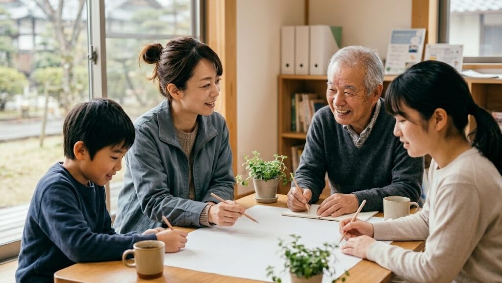 防災士とさまざまな年代の地域住民がテーブルを囲んで防災標語を一緒に考えている様子
