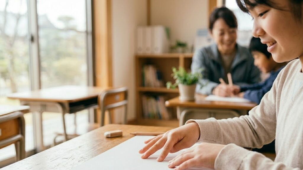 子どもが机の上で指を一本ずつ折りながらリズムよく言葉を数えている様子