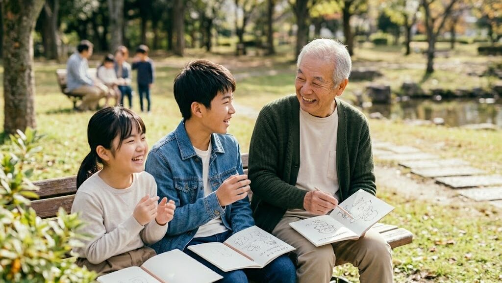 子どもから大人まで混在したグループが公園でノートを広げ楽しそうに防災のアイデアを出し合っている様子