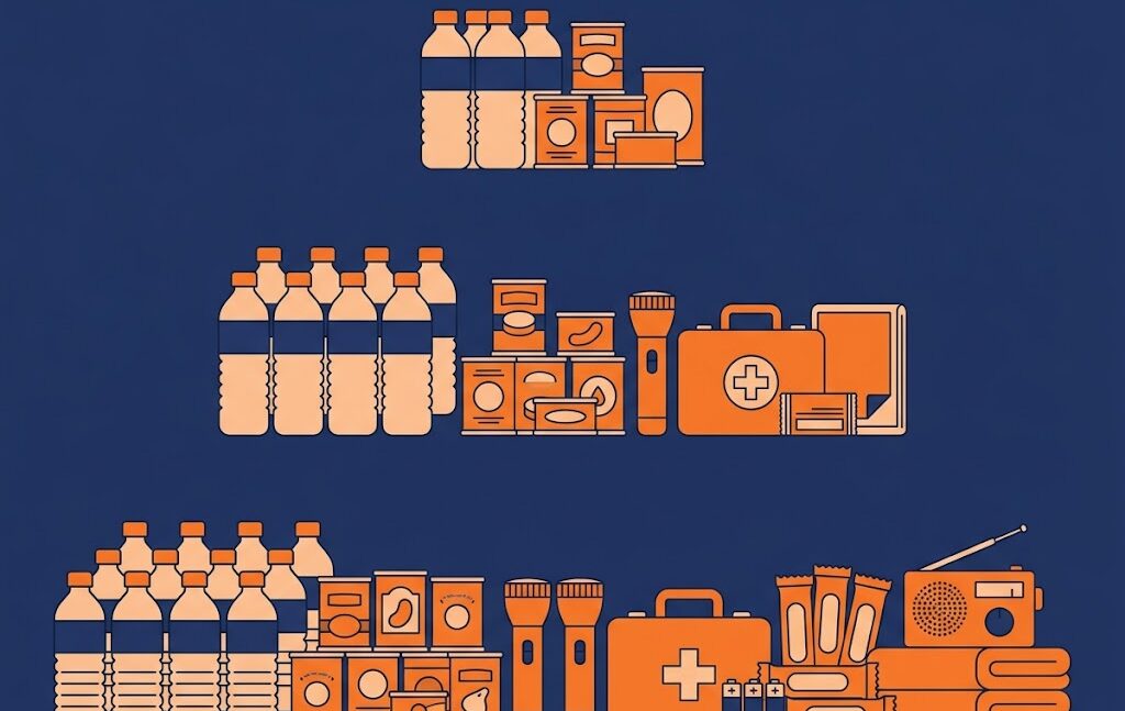 3日分・7日分・14日分の備蓄量を積み上げたイラスト