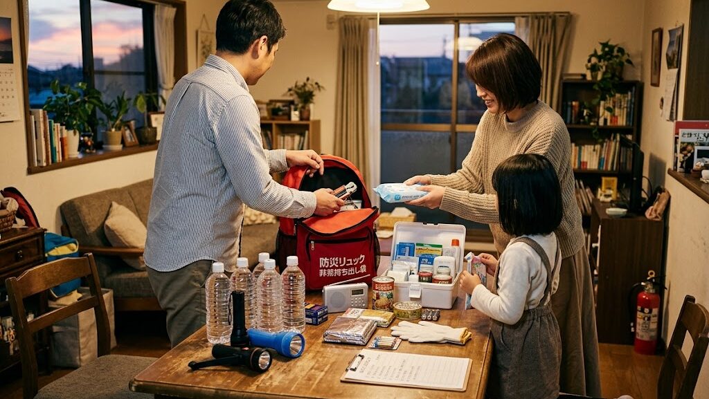 自宅で防災リュックに備蓄品を詰める家族