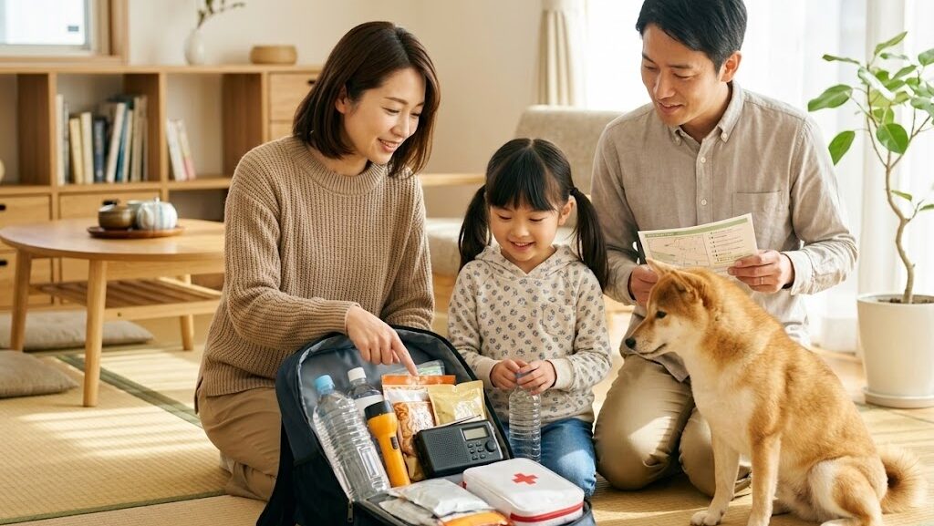 愛犬と一緒に防災袋の中身を確認する日本人家族の穏やかな室内シーン