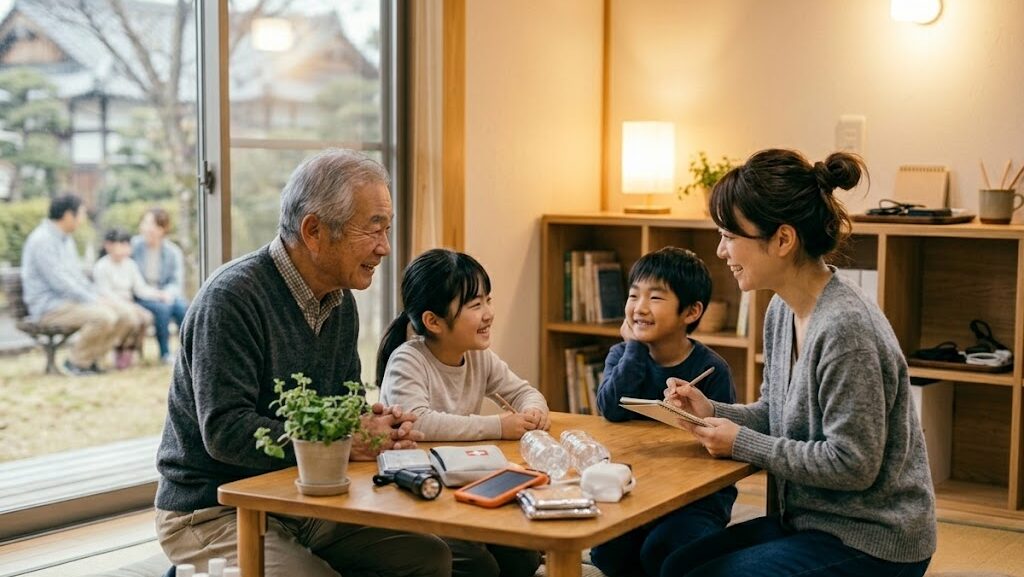 日本人の家族がリビングで備蓄グッズを前に笑顔で防災について話し合っている様子