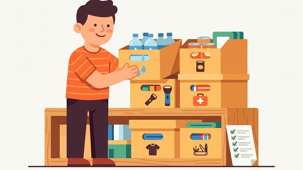 防災備蓄品を整理して準備完了している人物のイラスト