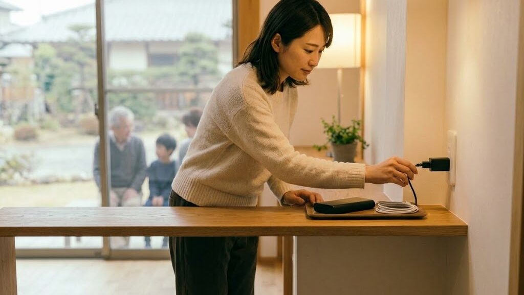 日本人の大人がモバイルバッテリーの充電ケーブルを安全に抜いて管理している様子