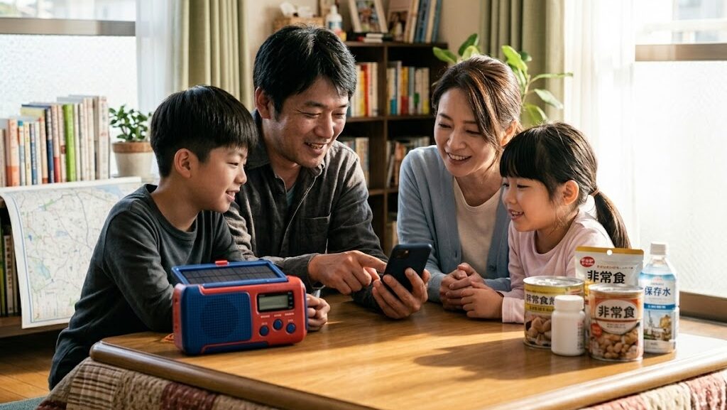 防災情報を確認し安心した表情で話す家族の様子