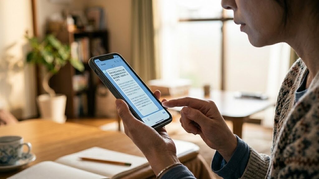 スマホの送信前に手を止めて考える女性の手元