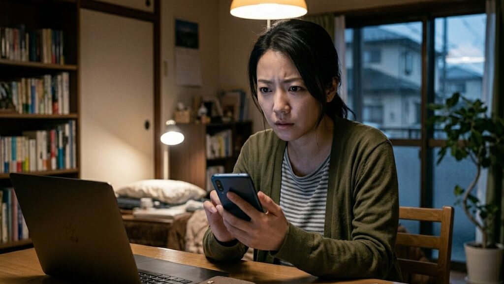 寄付画面を見て慎重に考える女性の様子