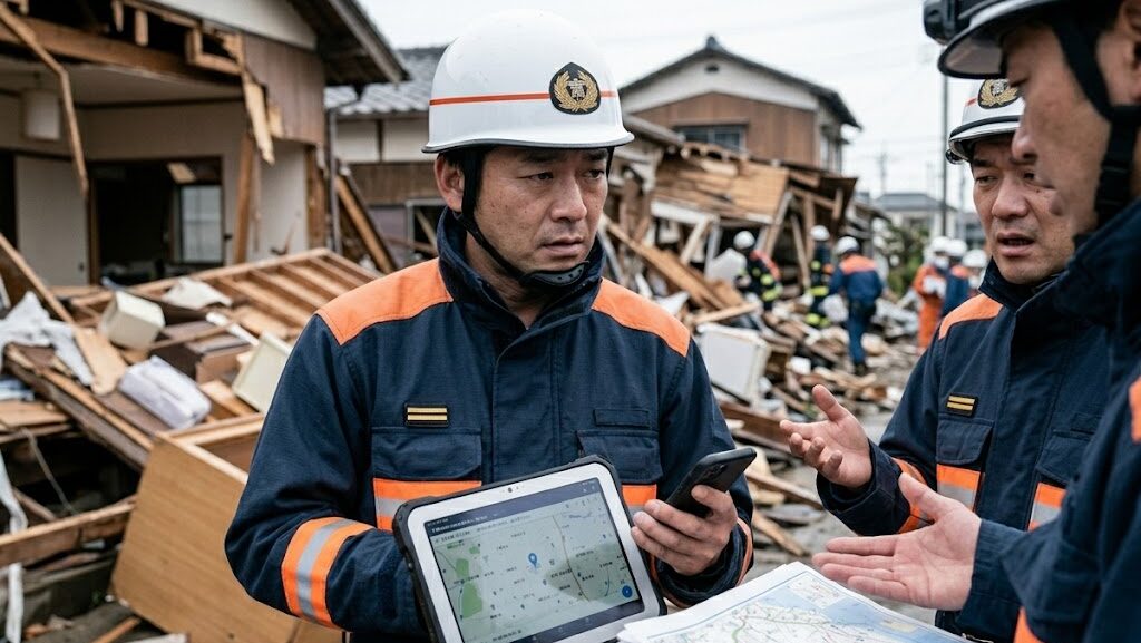 現場で情報確認に困る消防隊員の様子