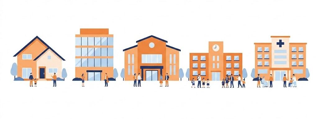 家庭・企業・自治会・学校・福祉施設の5種類の建物を並べたイラスト