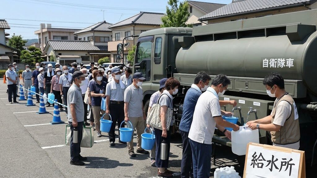 断水時に給水車から水を受け取る住民のイメージ