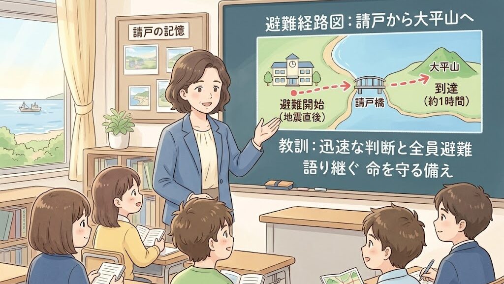 黒板に避難経路を描いて説明する先生のイラスト