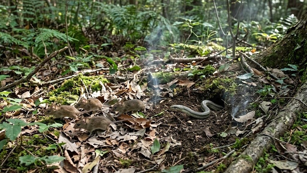 地面の亀裂からガスが漏れ出す森の中を一斉に移動するネズミとヘビ