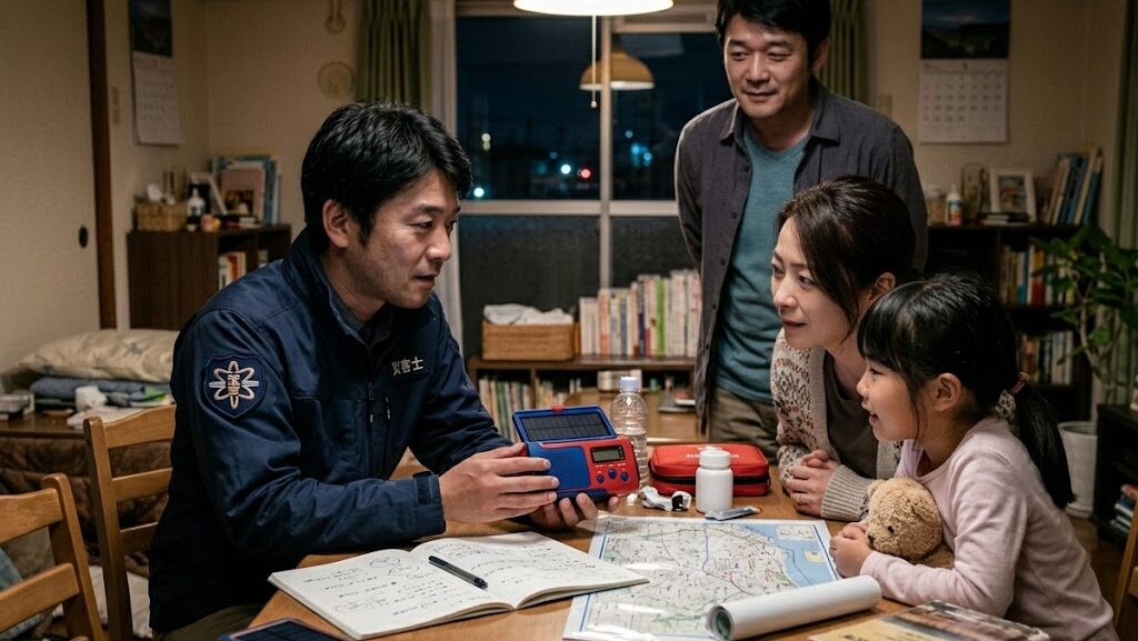 家族に防災の説明をする男性と真剣に聞く家族の様子