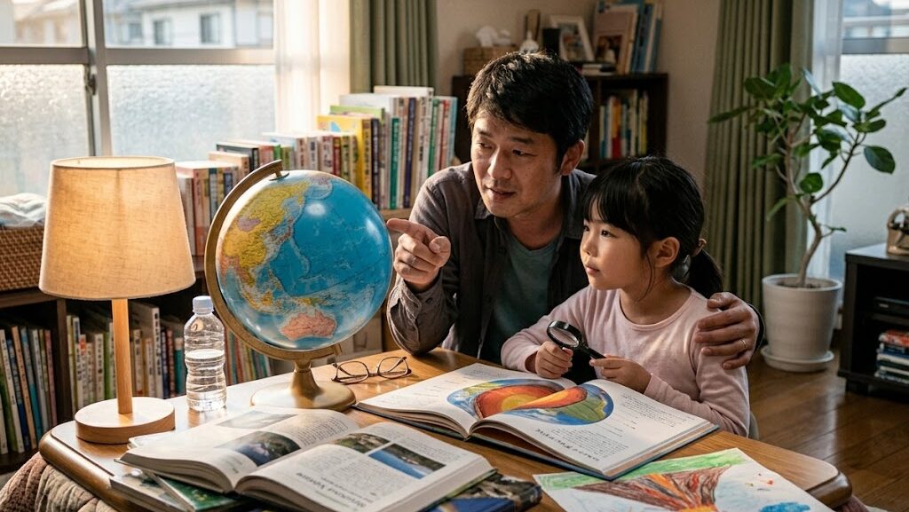 父親が子どもに地震の仕組みを説明し安心させる様子