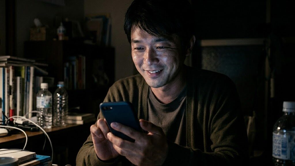暗い部屋でスマホを操作し不気味に笑う人物の様子