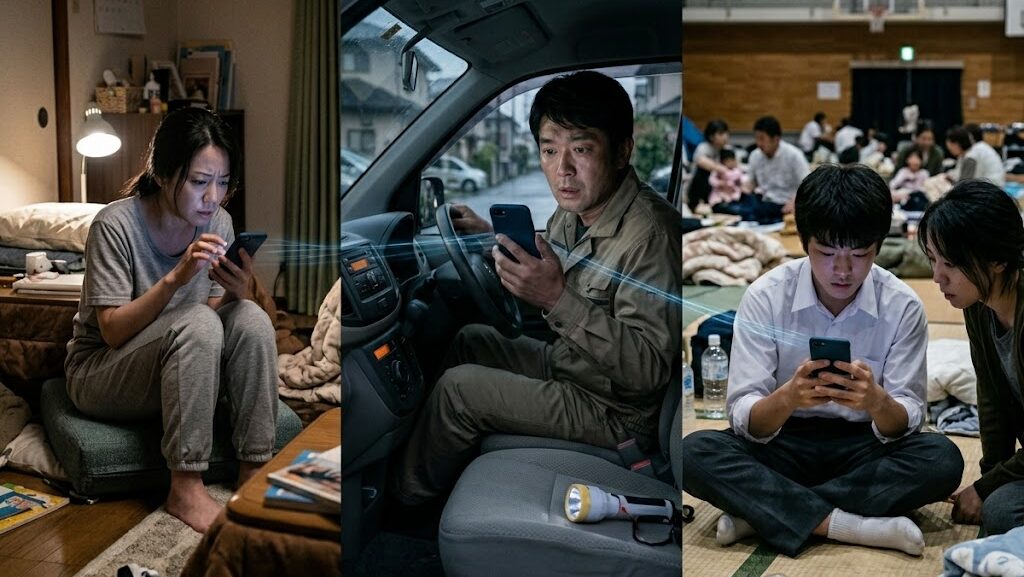 複数の人がスマホで同時に情報を確認し拡散している様子