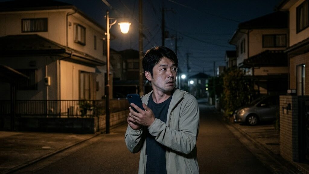 夜の住宅街でスマホを見て警戒する男性の様子