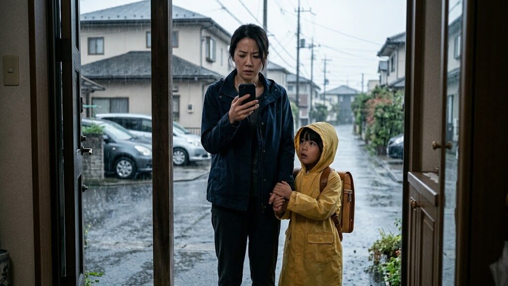 雨を見ながら外出を迷う親子と不安そうな母親の様子