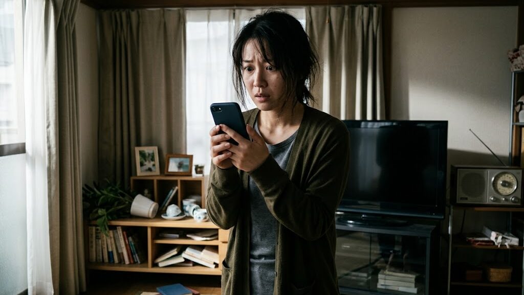 地震直後に情報がなくスマホを見て不安になる女性の様子