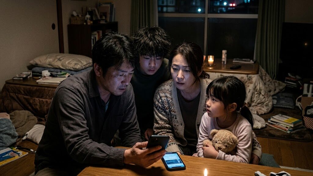 地震後にスマホの情報を見て不安そうに集まる家族の様子