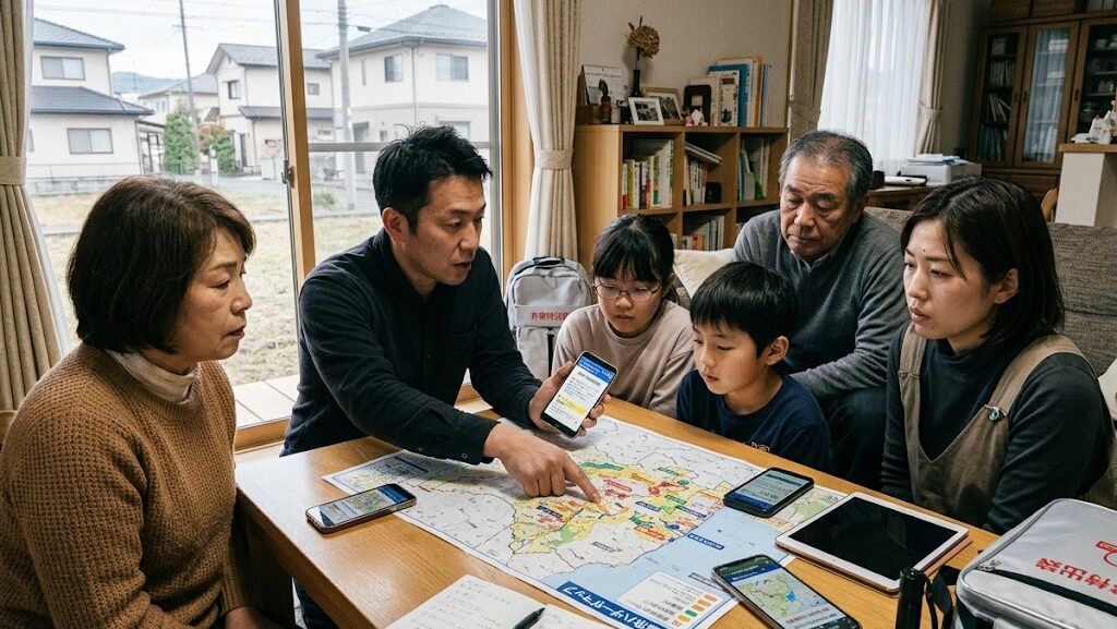 ハザードマップを確認しながら避難場所について話し合う家族の写真