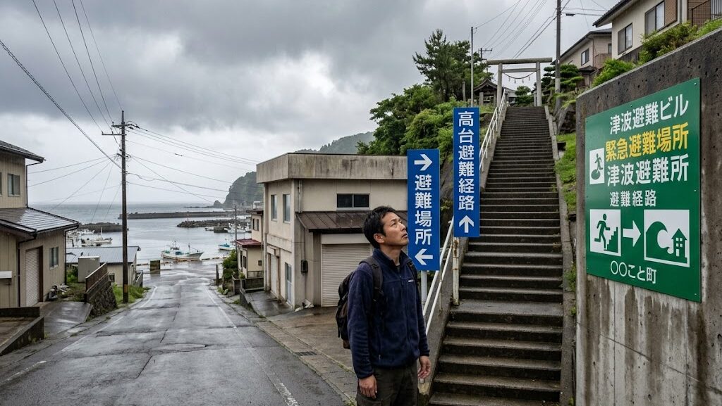 津波避難ビルの標識と高台への避難経路を示す写真