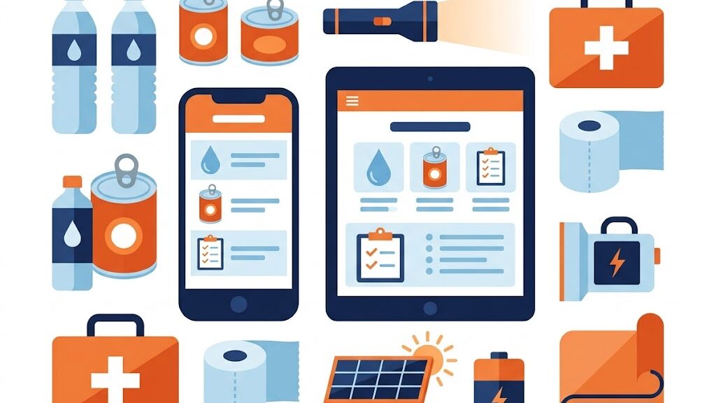 防災備蓄計算ツールの画面と備蓄品アイコンを組み合わせたイラスト