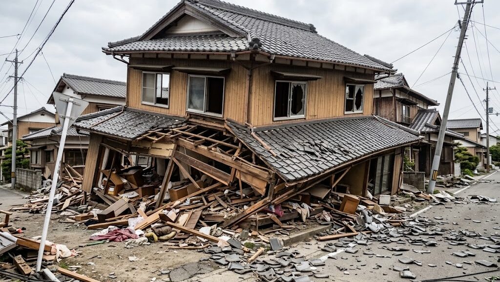 熊本地震で1階が押しつぶされた木造住宅の倒