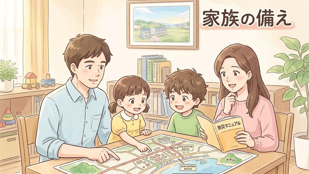 家族で避難計画を話し合う様子を描いた温かいイラスト