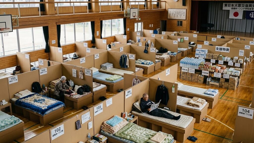 段ボールベッドと支援物資が準備された避難所の写真