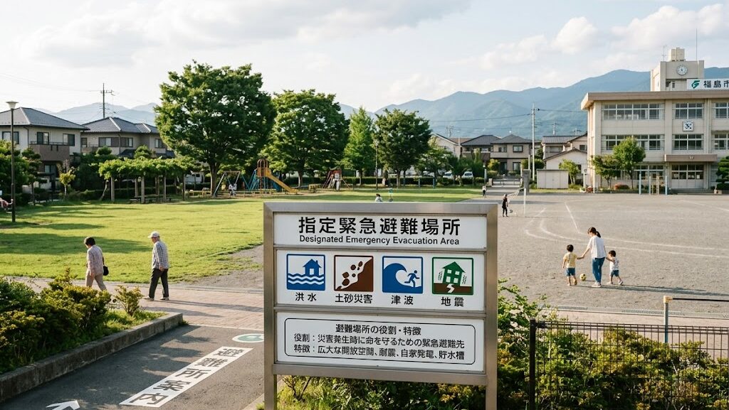 災害種別ピクトグラムが表示された指定緊急避難場所の標識写真