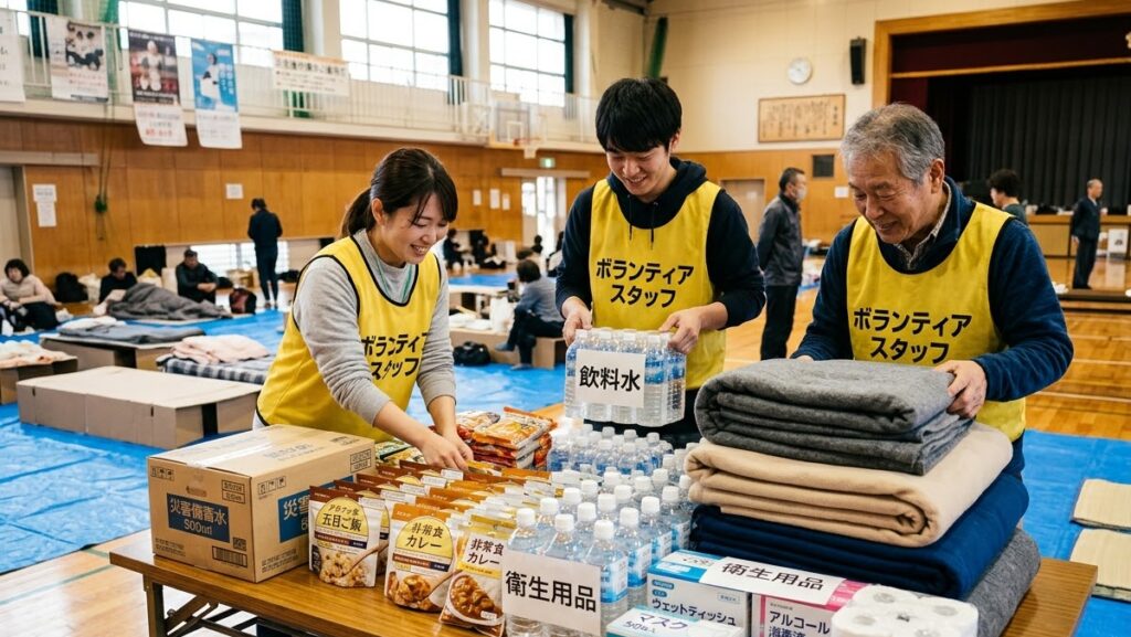 避難所で提供される飲料水や食料などの支援物資の写真