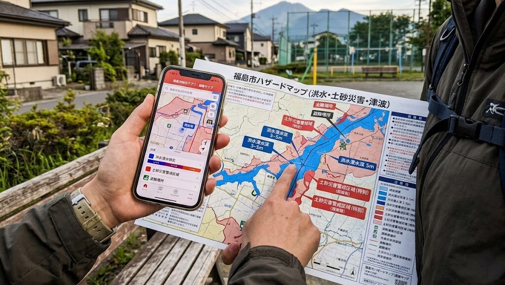 災害種別に応じた避難先を確認するハザードマップの写真