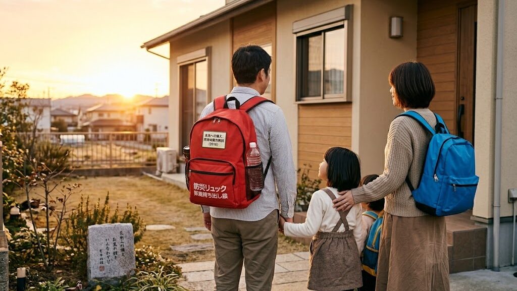 防災リュックを持って備える日本の家族と朝日