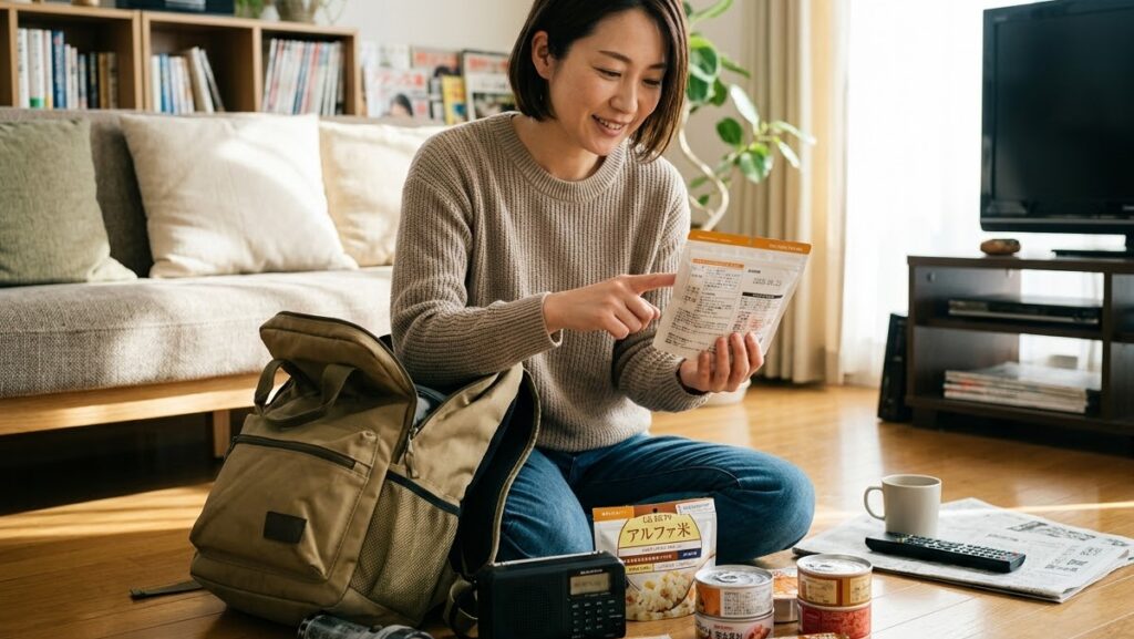 防災リュックの中身を点検している様子の写真