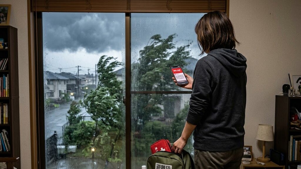 避難警戒レベルの緊急速報を確認するスマートフォンの写真